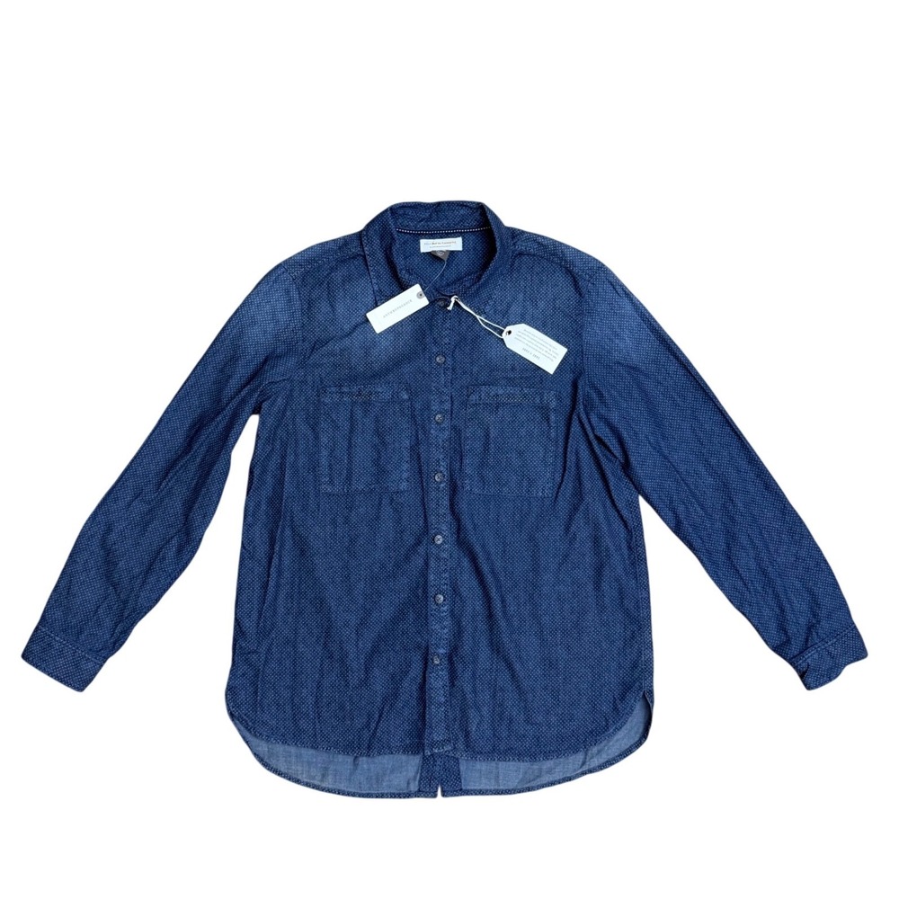 Anthropologie Pilcro Polka Dot Denim Button Down Shirt Small Indigo Blue Cotton